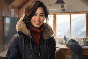 Poster - Portrait of a grinning asian woman in her 20s sporting a quilted insulated jacket isolated on scandinavian-style interior background