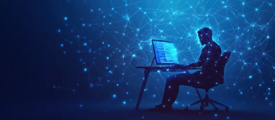 Silhouette of a Programmer Working on a Computer with a Digital Network