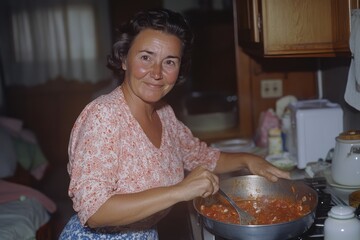 A smiling woman stands in a cozy kitchen stirring a pan of tomato sauce, with light wood cabinets and a welcoming atmosphere, highlighting culinary passion and warmth.