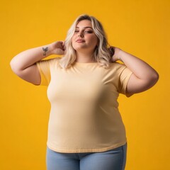 Canvas Print - Plus size blonde stylish woman wearing a tshirt for product mockup, 