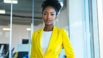 Wall Mural - Business woman wearing bright outfit with office background