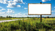 © Weerapat - White horizontal billboard mockup along a country road, fields and distant farmhouses visible, white horizontal billboard  mockup  landscape, rural ad spot
