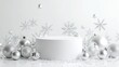 © tapong117 - Bright podium with sparkling snowflakes and silver Christmas decorations on white background