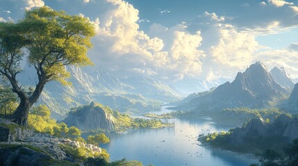 Canvas Print - Serene Mountain Landscape with River and Lake