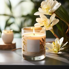 A lit candle surrounded by elegant flowers, creating a serene and calming ambiance in a cozy setting.