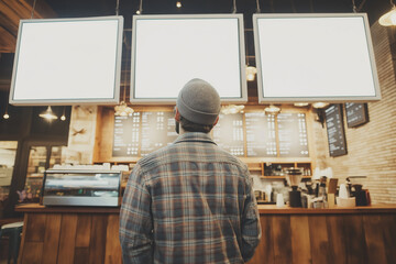 man in casual attire standing in a modern cafe, viewing blank menu boards