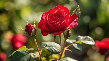 Wall Mural - A beautiful unopened red rose in full bloom, the focus on the intricate details of its petals, providing ample space for romantic