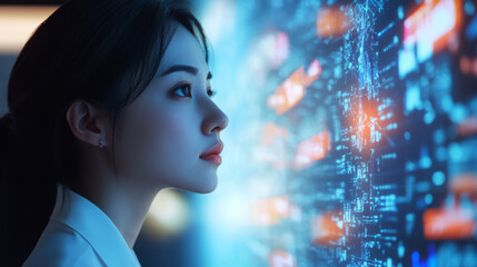 Young woman looking at digital data interface, technology concept