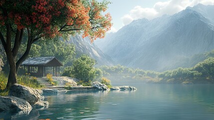 Wall Mural - Tranquil Mountain Lake Cabin Landscape Photography