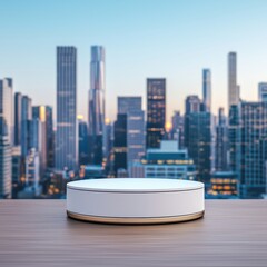 Smart home device on table with a modern cityscape background. Blurred skyline and clear sky creating a tech-savvy ambiance.