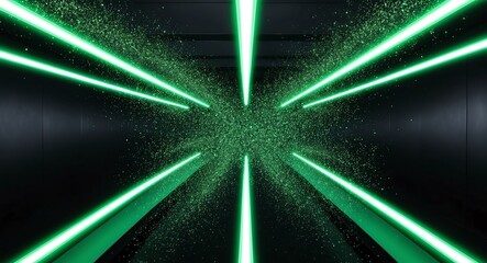 Neon green light beams with glitter bokeh particles spreading across a futuristic black backdrop