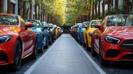 Naklejka na meble Row of colorful luxury cars at dealership showroom on wet reflective floor..