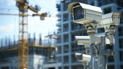 Generate a photo realistic image of security monitoring at a construction site, with CCTV cameras, security personnel, security control room, and construction site overview visible