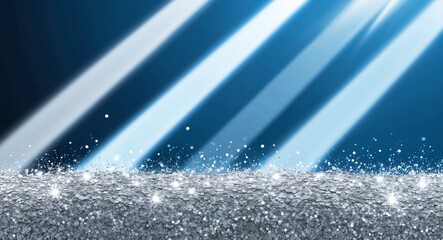 Sticker - Silver glitter particles embedded in soft blue light beams creating an ethereal glow on a deep blue background