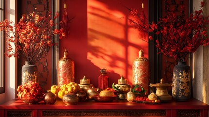 Wall Mural - elaborate chinese new year red backdrop with golden accents and traditional symbolizing prosperity l
