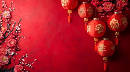 Wall Mural - vibrant chinese new year red backdrop with intricate patterns and festive lanterns symbolizing luck 