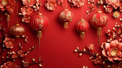 vibrant chinese new year red backdrop with intricate patterns festive lanterns and symbols of luck a