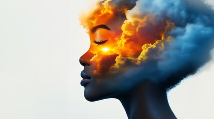 Wall Mural - Profile of a woman with a sunset sky superimposed over her face.