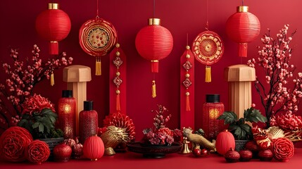 Wall Mural - Vibrant Chinese New Year Red Background with Traditional Cultural Motifs Celebrating Unity and Prosperity