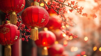 Wall Mural - Vibrant red Chinese lanterns adorned with gold accents representing symbols of good fortune and prosperity during the traditional Chinese New Year