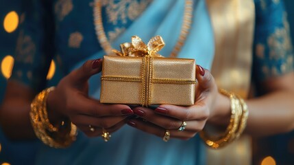 Indian Asian woman wears gold bangles on festival day receiving gift box. closeup picture, Generative Ai