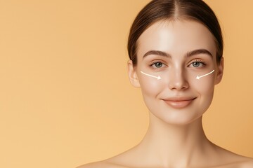 Close-up portrait of a smiling woman with perfect skin, with white arrows pointing to her cheekbones, on a peach background.