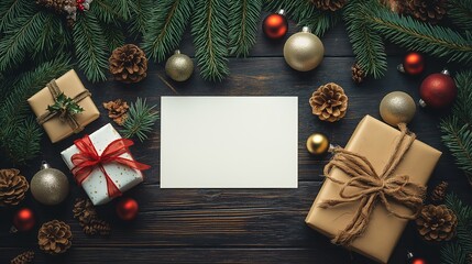 Wall Mural - Flat lay of Christmas ornaments, presents, pine branches, and a blank card on a dark wooden background.