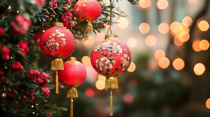 Wall Mural - symbolic red chinese new year lanterns with golden accents hanging on a festive holiday tree represe