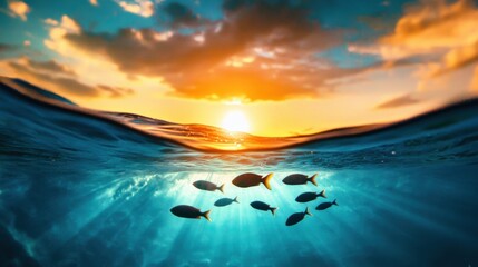 Wall Mural - Underwater Scene with Fish and Vibrant Sunset