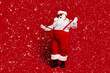 © deagreez - Full length body size view of his he attractive cheerful fat white-haired Santa having fun pulling suspenders fooling isolated bright vivid shine vibrant red burgundy maroon color background