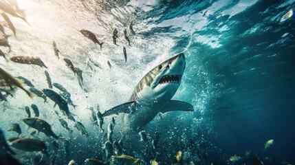 Wall Mural - Majestic Shark Surfaces Among Schools of Fish