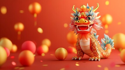 Wall Mural - vibrant fiery chinese new year dragon surrounded by colorful lanterns festive symbols of luck and pr