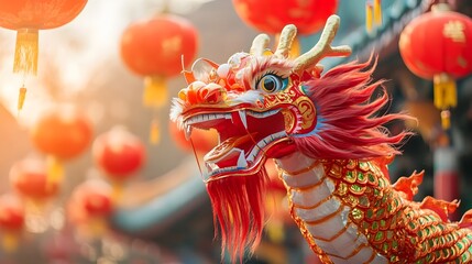 Wall Mural - vibrant chinese new year dragon leading celebratory festival parade with bold red and gold joy and f