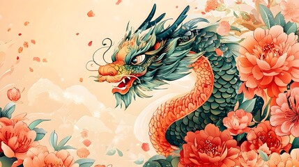 Wall Mural - vibrant chinese new year dragon with lush spring floral motifs celebrating renewal and new beginning