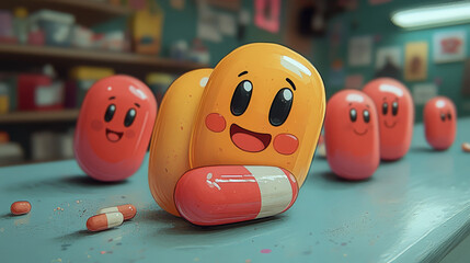 Canvas Print - Smiling pill character with a red and white pill in front of it.