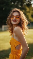 Wall Mural - A woman in a yellow dress and sunglasses smiles at the camera