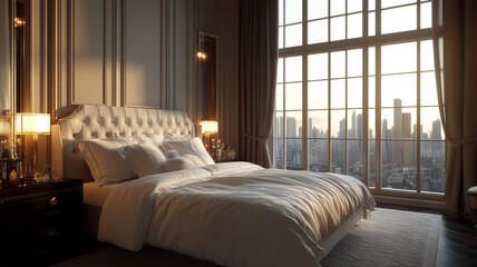 Wall Mural - Luxurious bed with white silk sheets in an elegant hotel room