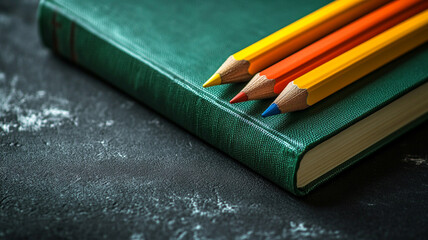 Wall Mural - colored pencils on a green book cover on a black background