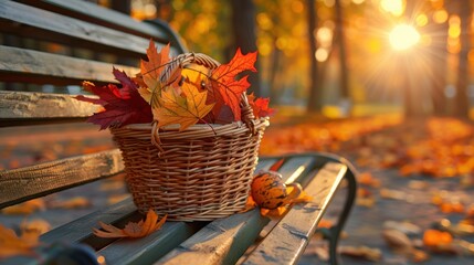 Canvas Print - Autumn Basket with Leaves on Park Bench