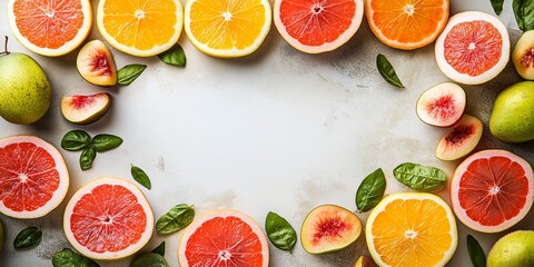 An abstract background featuring fresh fruit slices and green leaves arranged around a minimal white space for text