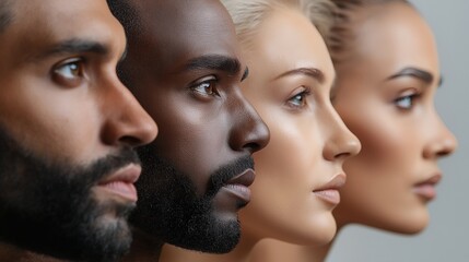 Poster - Close-up profile view of four diverse people looking to the side with soft focus on the background.