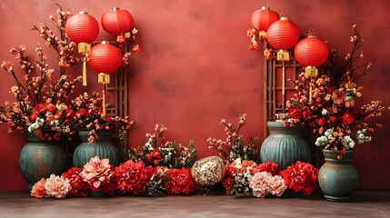 Wall Mural - Vibrant Chinese New Year Backdrop with Celebratory Red Lanterns Traditional Floral Arrangements and Joyous Symbols of Prosperity and Harmony