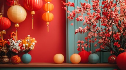 Wall Mural - vibrant and festive chinese new year backdrop with colorful lanterns red traditional auspicious symb