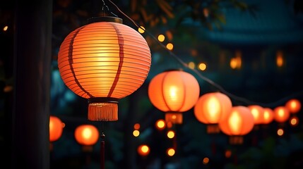 Wall Mural - Glowing red and orange Chinese New Year lanterns hanging in the night symbolizing fortune prosperity and the traditional cultural of the Lunar New Year festival