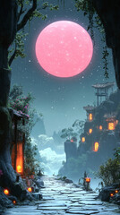 Sticker - A stone path winds through a mystical forest, leading to a village nestled in the mountains under a glowing pink moon.