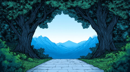 Poster - A stone path leads to a view of mountains through a grove of trees.