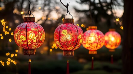 Wall Mural - Vibrant red Chinese New Year lanterns with intricate designs glowing brightly to spread happiness joy and good fortune during the festive