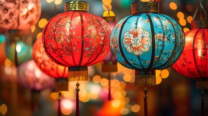 Wall Mural - vibrant and intricately patterned chinese new year lanterns with traditional symbols of good fortune