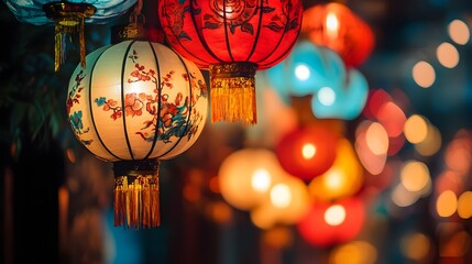 Wall Mural - vibrant and colorful chinese new year lanterns illuminating the festive night with their traditional