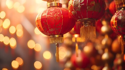 Wall Mural - vibrant chinese new year fortune themed lanterns in striking red and gold colors symbolizing wealth 